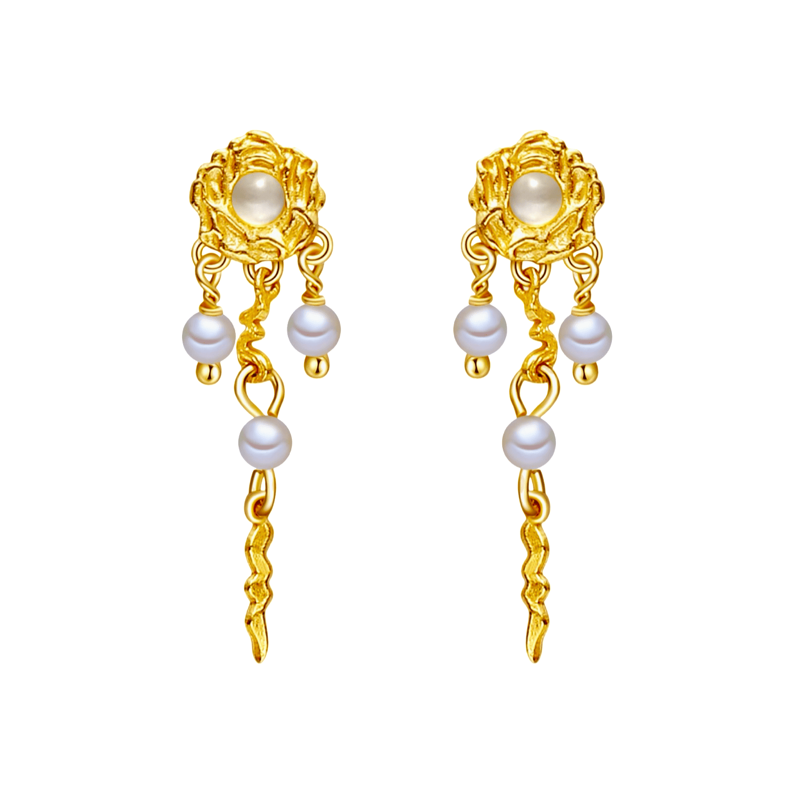 Pallantis Hvid Månestens Øreringe: Elegante guldhængende øreringe med indviklede blomstermotiver, der hver fremviser en central perle, tre hængende ferskvandsperler og bølgede gulddetaljer.